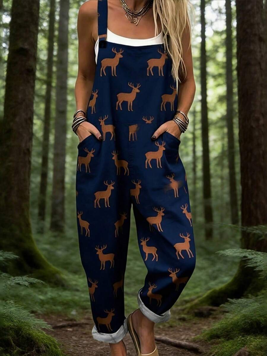 Elk All-Over Print Women's Adjustable Strap Jumpsuit, Polyester Fiber Fabric, Lightweight And Breathable, Women's Clothing, Standard Size Jumpsuit, Plus Size Women's Clothing, Plus Size Jumpsuit And Romper, Plus Size Jumpsuit - 彩色 - 查看 1
