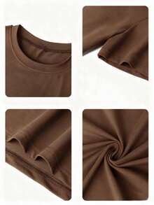 女士T恤，纯色性感Y2K风格短款短袖上衣，可爱百搭夏季T恤，简约经典款，韩版性感女孩柔软弹力修身休闲街头风户外上衣，90年代复古圆领女士婴儿T恤 - 棕色 - 查看 7