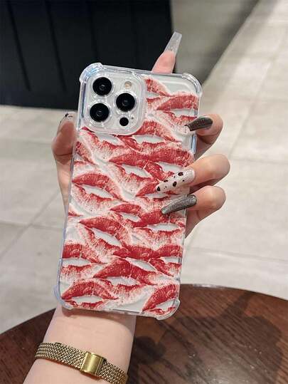 1 pieza Funda protectora de teléfono transparente con amortiguación de aire y estampado de labios rojos, hecha de material TPU, apta para iPhone 16/16 Pro Max/15 Plus/14/13/12/11/7/8