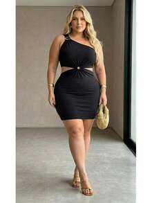 Plus Size Red Ribbed Dress With An Asymmetrical Neckline, Ring Detail And Cutout, Party Style. - màu đen - Xem 5