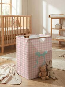 大容量可折叠洗衣篮，蝴蝶结图案，木质手柄，多用途，适用于浴室、婴儿房、脏衣服、玩具和家居收纳 - 彩色 - 查看 8