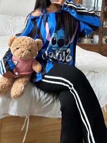 Disney Bộ 2 món áo thun dài cổ yếm và quần dài màu đen Stitch dành cho nữ, chất liệu co giãn, thân thiện với da, thoải mái, thanh lịch, lãng mạn, quyến rũ, dễ thương, thích hợp cho kỳ nghỉ hè/thu. - màu đen - Xem 5