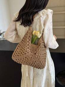 Women's Handmade Woven Grandma Plaid Contrast Color Large Capacity Tote Bag, Beach Bag, Perfect For Summer, Vacation And Daily Use, Travel Essential, Women's Summer Straw Beach Bag, Most Popular Women's Beach Bag, Beach Essentials, Beach Must-Haves, Beach Accessories And Summer Essentials, Latest Holiday Bag , Summer, Woven Bag - Khaki - View 6