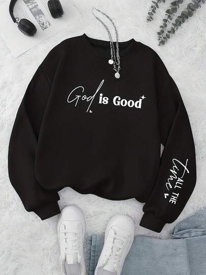 Hoodie For Women Women'S Casual Sweatshirt With A Round Neck And Letter Pattern Print In Fashion Style2026- Spring, Y2k, Tops, Black Jumper, Maija