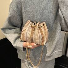 Woven Texture Fashion New One Shoulder Diagonal Handbag, Tote Bag For Work Commute, Drawstring Bucket Bag With Simple Stylish Metal Chain Shoulder Strap - Multicolor - View 9