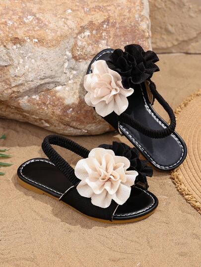 Cute Black & White 3D Floral Fashion Children's Sandals, Comfortable Soft Bottom Flat Sandals, Retro Minimalist Style Elastic Strap Design Girls' Sandals, Beautiful Girls' Daily Outdoor, Beach, Holiday Must-Have Sandals. Adorable Kids' Athletic Sandals