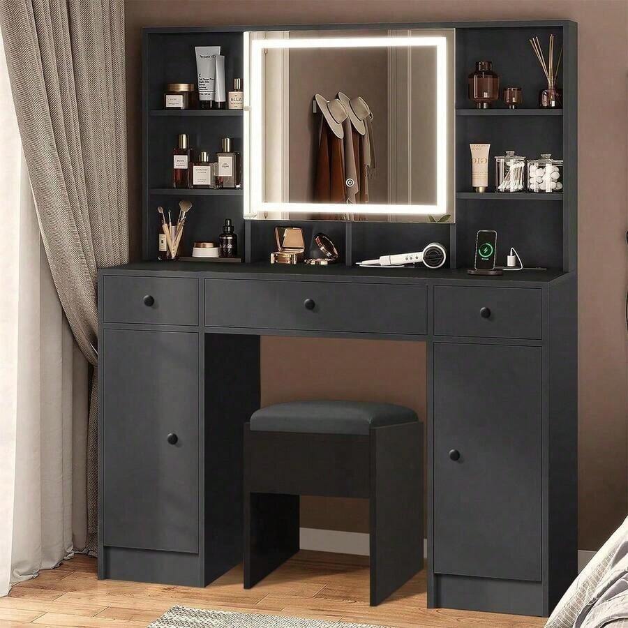 Habitdesign Vanity Tocador con Espejo y Luces, Tocador para Recamara con 3 Cajones y 2 Armario, Estantes Ocultos, Tocador de Maquillaje con Estación de Carga Escritorio - Negro - Ver 1