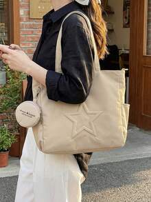 新款时尚休闲帆布材质星形图案多口袋女士手提包带零钱包 - 卡其色 - 查看 2