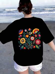 Frühling/Sommer Oversized Top, 100% Baumwolle, Damen Kurzarm T-Shirt, lustige und farbenfrohe Blumenmuster, Rundhals, weich und bequem, lässig, Streetwear, Y2K, Strand, Abschlussfeier, Urlaubstop, Musikfestival, schwarzes Top - Schwarz - Übersicht 9