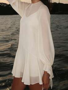 Women Long Sleeve Mini Dress French Casual Solid High Neck Short Flowy Ruffle Dresses for Daily Party Club Party - Beis - Ver 3