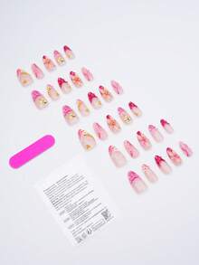 30片夏季海滩风杏仁形假指甲，粉色花朵、海星和贝壳图案，一次性美甲贴纸，适合女士和女孩度假使用 - 玫紅色 - 查看 2