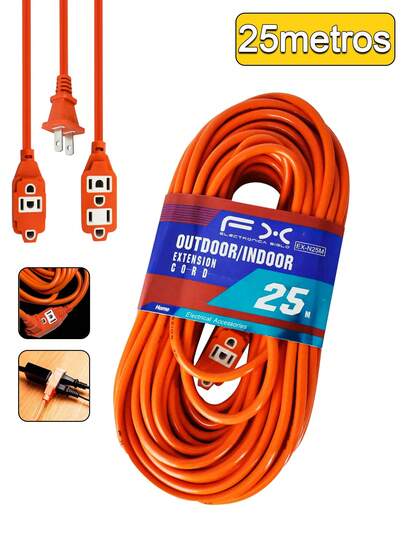 1pieza Cable de Enchufe Eléctrico para Interiores 25M 3 Tomas,Extensión Eléctrica Uso Rudo Reforzada Color Naranja