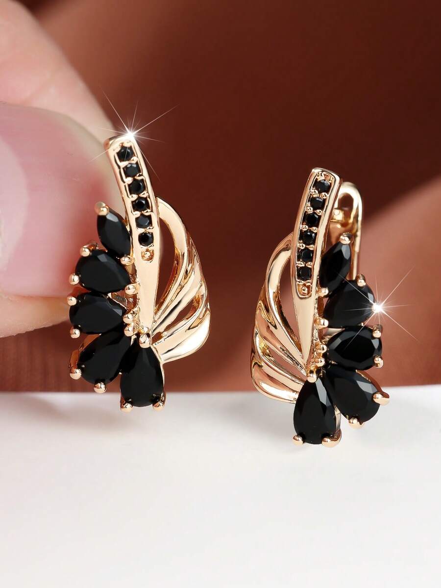 1 Đôi bông tai thanh lịch màu đen đính đá mắt ngựa và đá Zirconia, kiểu dáng vòng tròn hình quạt lá vàng, món quà trang sức lấp lánh dành cho phụ nữ dự tiệc. - màu đen - Xem 1