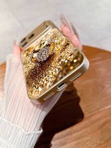 1pc New Luxury Sparkling Crystal Rhinestone Gold Apple Pattern Deluxe Large Window Tempered Glass Camera Lens Protection Phone Case Compatible With IPhone 17/17Pro/17ProMax/17Air/16/16Pro/16ProMax/16Plus/15/15Plus/15Pro/15ProMax/14/14Plus/14Pro/14ProMax/13/13Pro/13ProMax/12/12Pro/12ProMax/11/11ProMax, Matte Anti-Fall, Full Coverage Metal Paint Premium Protection Cover - Multicolor - View 5