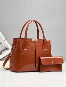 新款时尚女士母女包套装，亮面鳄鱼纹压花皮革大容量手提包 - 紫色 - 查看 7