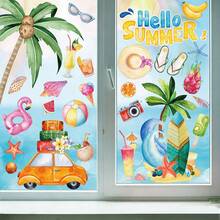 1 Set Of 4 Summer Theme Window Stickers, Includes Palm Tree, Car, Fruit Patterns, Removable Static Cling Glass Decals, Suitable For Bedroom, Living Room, Balcony And Display Window Decoration - Beach - View 6