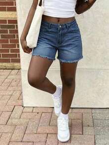 Women's Casual Loose Straight Leg Denim Bermuda Shorts Summer - Màu Xám nhạt - Xem 8