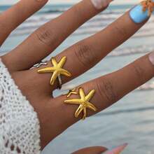 3pcs/Set 18K Gold Plated 304 Stainless Steel Starfish Rings, Fashionable Stackable Beach Style Rings Suitable For Women And Teen Girls - Multicolor - View 1