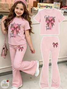 Girls "God Is Good All The Time" Leopard Bow 2 Piece Outfit - 粉色 - 查看 1