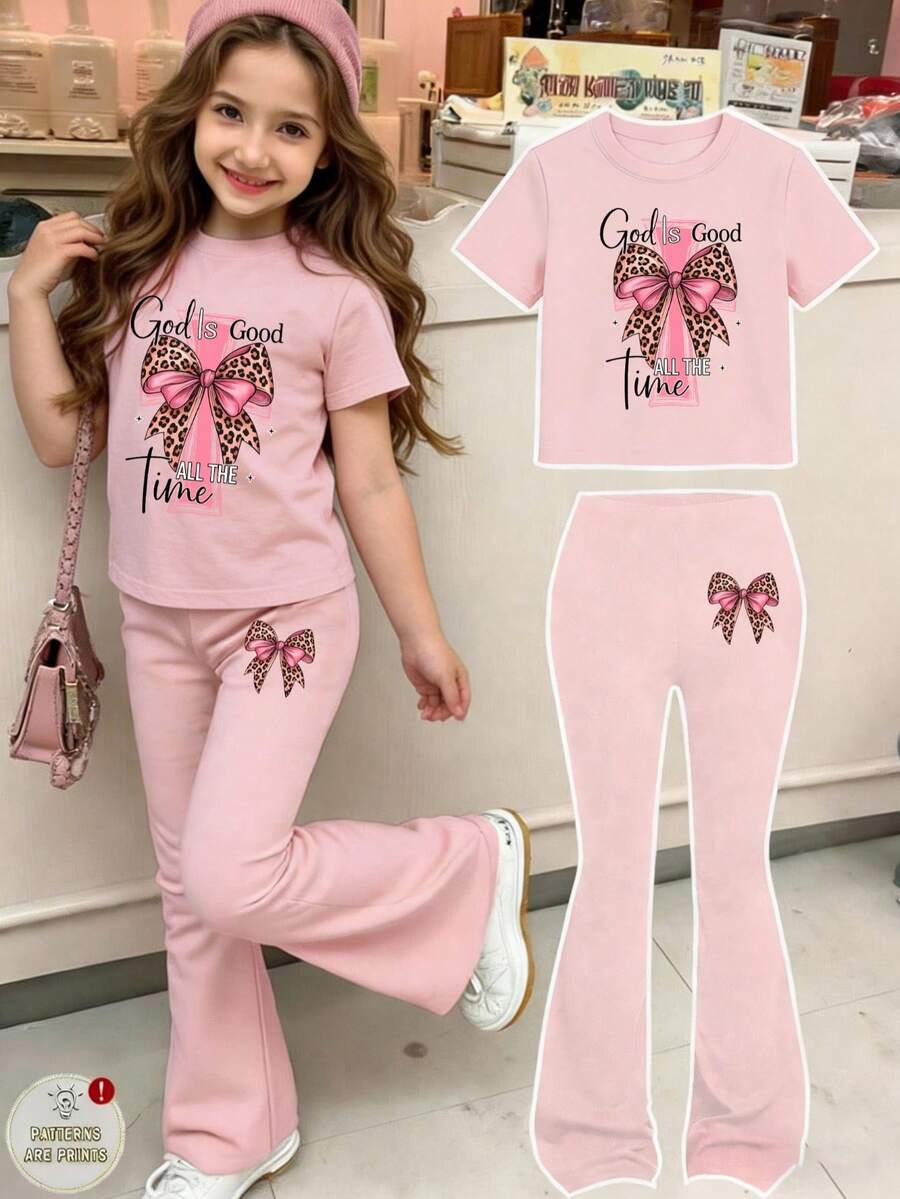 Girls "God Is Good All The Time" Leopard Bow 2 Piece Outfit - 粉色 - 查看 1
