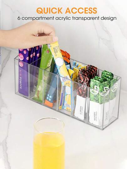 1pc 6-Grid Transparent Acrylic Tea Bag Storage Box, Suitable For Tea Bags, Coffee Bags, Sugar Packets, Snacks Etc. Desktop, Drawer, Kitchen, Pantry, Office Organization