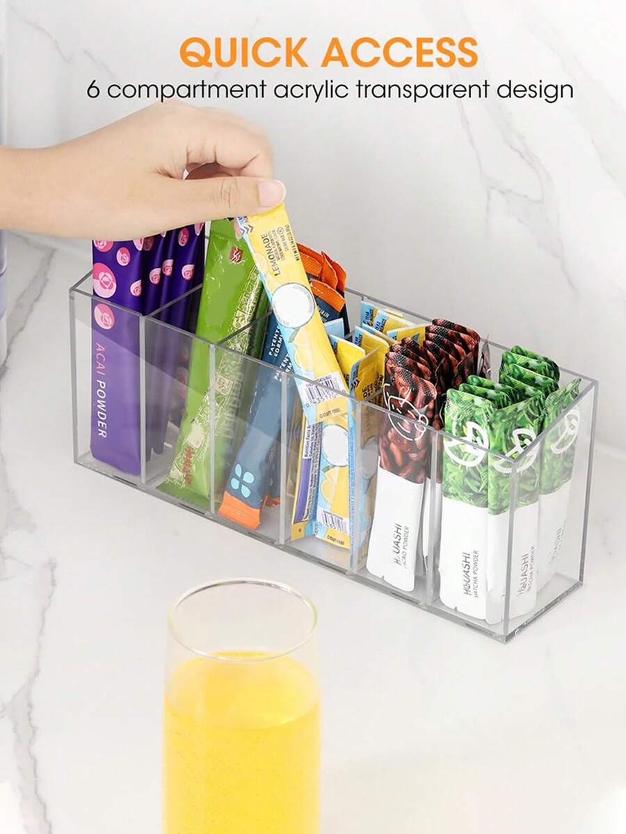 1 pieza Caja de almacenamiento de té de acrílico transparente de 6 rejillas, adecuada para bolsas de té, bolsas de café, sobres de azúcar, aperitivos, etc. Organización de escritorio, cajón, cocina, despensa, oficina - transparente - Ver 1
