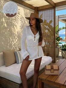 Vestido de verano nuevo con cuello en V SEREN, vestido casual y sexy para vacaciones con espalda descubierta, manga larga ajustada, calado, para vacaciones, festivales de música, vestido de playa, vestido bohemio blanco, vestido blanco mini - Blanco - Ver 7