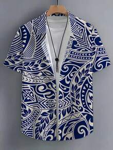 The Pattern Features Bold  Waves And Geometric Leaves Symbolizing Strength Freedom And Connection To Nature While Enhancing A Confident Modern Look 3D Printed Men's Casual Short Sleeve Shirt Fashion Summer Beach Top - 白色 - 查看 4