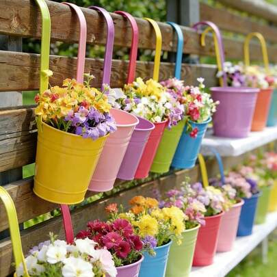 Colorful Metal Hanging Flower Pot With Built-In Hook, Suitable For Gardening Enthusiasts, Retro Balcony Plant Bucket For Balcony, Fence, Yard, Home Gardening Decor