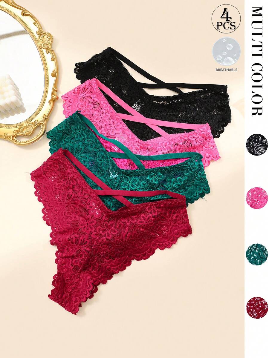 Aofeiqike 4条装女士性感蕾丝交叉绑带丁字裤，透气蕾丝边内裤