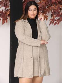 Women's Plus Size Curve Long Ribbed Knit Jacket With Pockets - Elegant Blazer - Autumn Fashion - 淺米色 - 查看 2