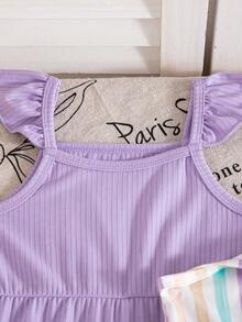 Baby Girls' Summer Underwater Animal Print, Striped & Solid Color Flutter Sleeve 3-Piece Romper Set, Sporty Outdoor - Mauve Purple - View 9