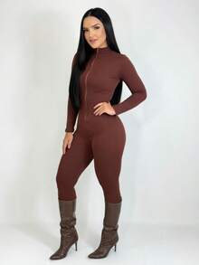 Elegant Women's Virginia Jumpsuit, Seersucker Fabric, With Zipper, Long Sleeves, Suitable For Winter And All Seasons. - 鏽棕色 - 查看 2