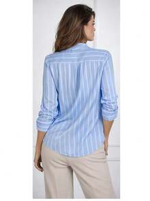 Women's Long-Sleeved Striped Linen Shirt, Brightly Colored - Màu xanh lam - Xem 2