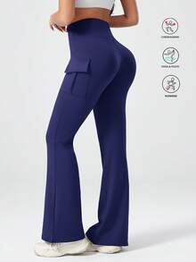 High Waist Slim Fit Flared Yoga Pants With Pockets, Casual Sports Trousers For Women Spring - Navy Blue - View 7