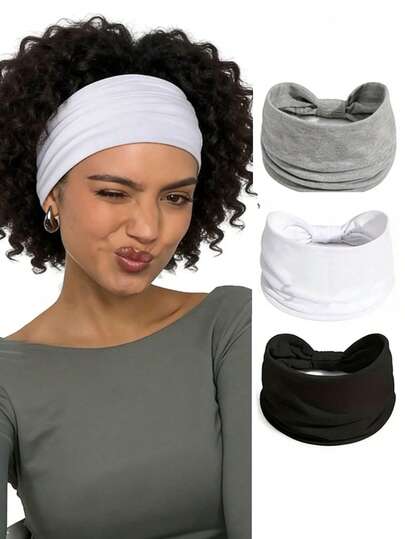 1pc High-Quality Black, White & Gray Solid Color Wide Headband Set, Yoga/Sports Headwrap Headpiece