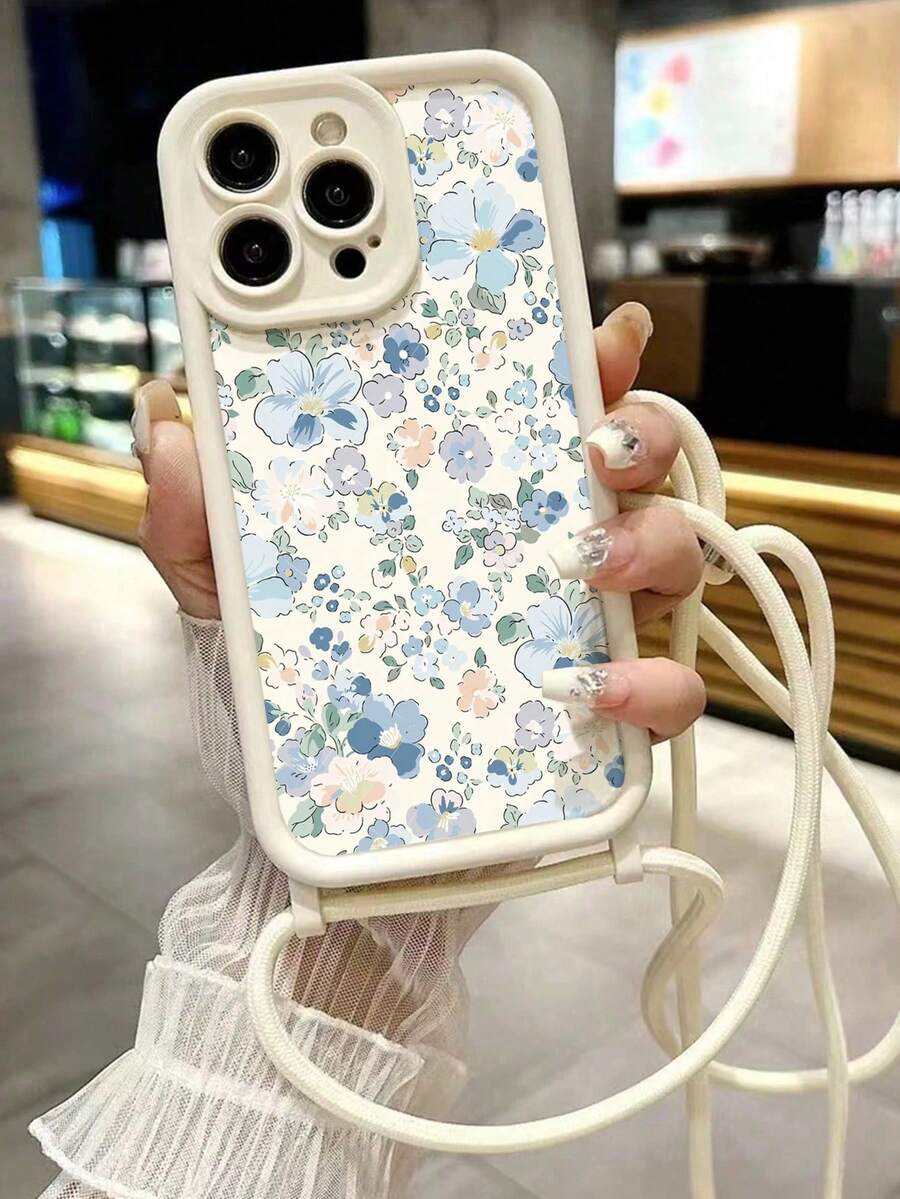 花卉图案极简主义凹槽米色斜挎挂绳,兼容 17/17 Pro、16/15、XR、16 Pro Max、7P、8P、P12 Pro Max、P13 Pro Max、P14 Pro Max、P13、P14、P11、P12、P14、XS/XS Max/7/8、GES2、A03s、A03 Core、A04、A12、A13、A14、A21s、A22、A23、A24、A32、A33、A34、A5、A51、A52、A53、A54,可爱时尚加厚手机壳 - 彩色 - 查看 1