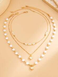 Multi-Layered Faux Pearl Necklace With Fashionable And Versatile Heart-Shaped Pendant And Collar Chain For Women - Multicolor - View 4