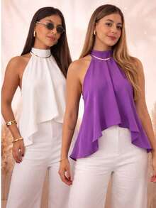 Women's Blouse With High Neck And Asymmetrical Neck Tie - White/Lavender - View 3