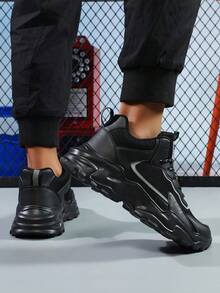 Men's Chunky Black Sneakers Modern Streetwear Design Mesh And Synthetic Leather Casual Shoes For Urban Lifestyle Comfortable All-Day Wear Great Gift Choice - 黑色 - 查看 5