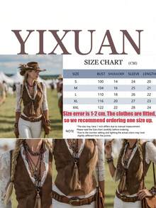 女士优雅V领长袖衬衫，饰有蕾丝边和仿牛仔领——波西米亚西部牛仔风格。弹力蕾丝百搭，适合休闲穿着，四季皆宜。女士西部复古蕾丝边两件套，采用仿麂皮和蕾丝面料制成，包含一件略带弹力的修身蕾丝衬衫。 - 棕色 - 查看 6