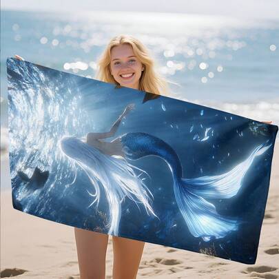 1条美人鱼印花沙滩巾，柔软舒适轻便，适合旅行、游泳、潜水、冲浪、瑜伽、露营等活动，是沙滩用品的理想之选。