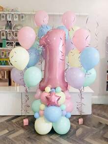 28pcs Pink Number Balloon Set, 32-Inch 0-9 Number Foil Balloons & Macaron Latex Balloons, Suitable For Birthday Party, Anniversary Decoration - Multicolor - View 2