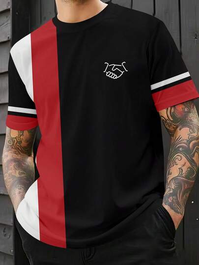 Áo thun nam cỡ lớn in hình bắt tay phối màu tương phản, kiểu dáng rộng rãi, tay ngắn, cổ tròn, phong cách đường phố, thích hợp mặc hàng ngày mùa hè, phù hợp cho việc đi làm.