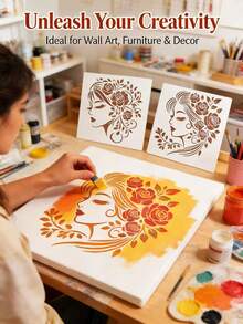 4pcs Flower Girl Hollow Painting Template DIY For Fabric, Glass, Paper, Wood Creative Spray Painting Printing Tool, Reusable Plastic Material - Flower-wearing Girl - View 8