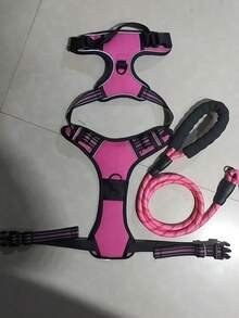 Conjunto de 2 peças: Coleira Peitoral Refletiva e Guia de 1,5m, Coleira Peitoral Respirável para Animais de Estimação, Adequada para Cães e Gatos de Grande, Pequeno e Médio Porte, Colete para Filhotes, Conjunto de Acessórios para Coleira e Guia. - Rosa Quente - Ver 4