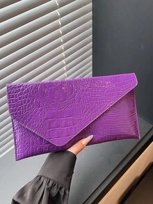New Niche Design Fashion Crocodile Embossed Envelope Bag, Retro Style Women Handbag - Purple - View 9