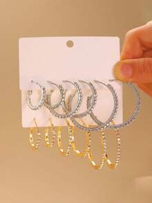 6 đôi bông tai đính đá hình chữ C phóng đại thời trang, trang sức dự tiệc sang trọng - Vàng - Xem 2