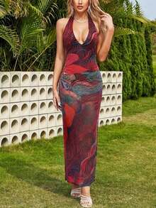 Vestido de festa elegante e sensual com estampa em tule transparente e costas nuas da DOUCIU - Multicolorido - Ver 6