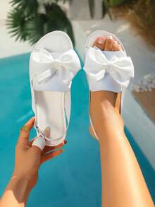 Sandal đế bằng hở mũi thắt nơ xinh xắn, dép đi ngoài trời thoải mái cho kỳ nghỉ. - trắng - Xem 8